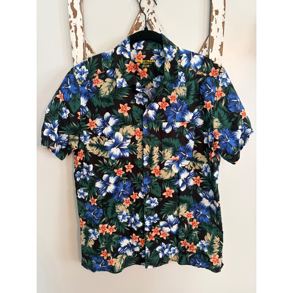 LINE OF TRADE Allover Pattern Short‎ Sleeve Hawaiian Shirt Floral M Cotton